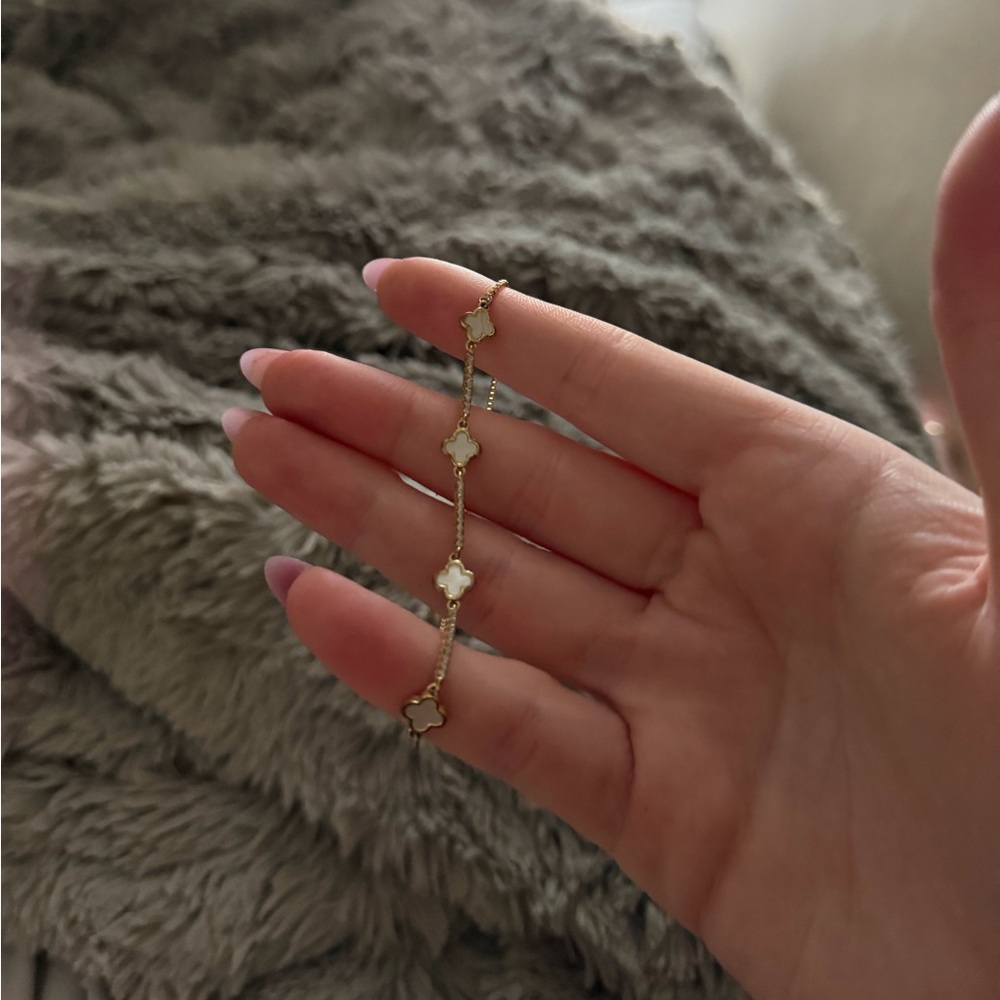 Gold Clover Chain  Adjustable Bracelet with White Inlay - Women Jewelry